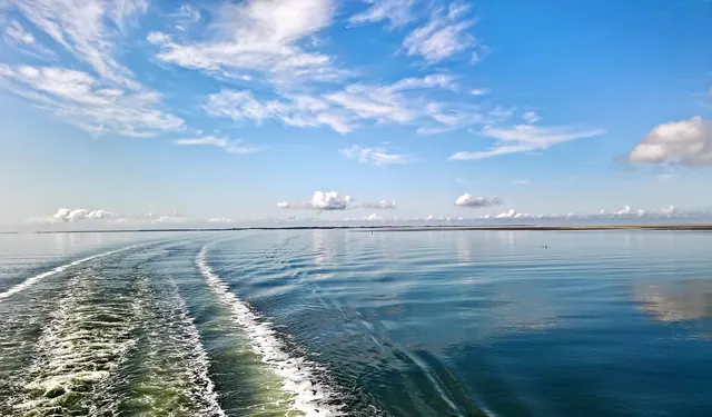 sea, north sea, boat trip, ferry, blue water, waves, track, cloud formation, blue sky, water reflection, reflection, coast, horizon, mainland, nature, idyllic, atmospheric, ferry, 