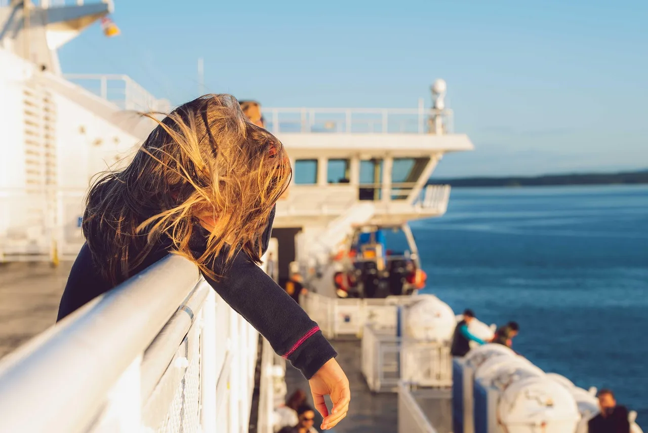 ferry, boat, ship, sea, water, ocean, travel, sunset, holiday, vacations, shipping, nature, evening, pacific ocean, girl, passengers, deck, wind, bc, canada. Ferry travel planning: sort every item into four columns