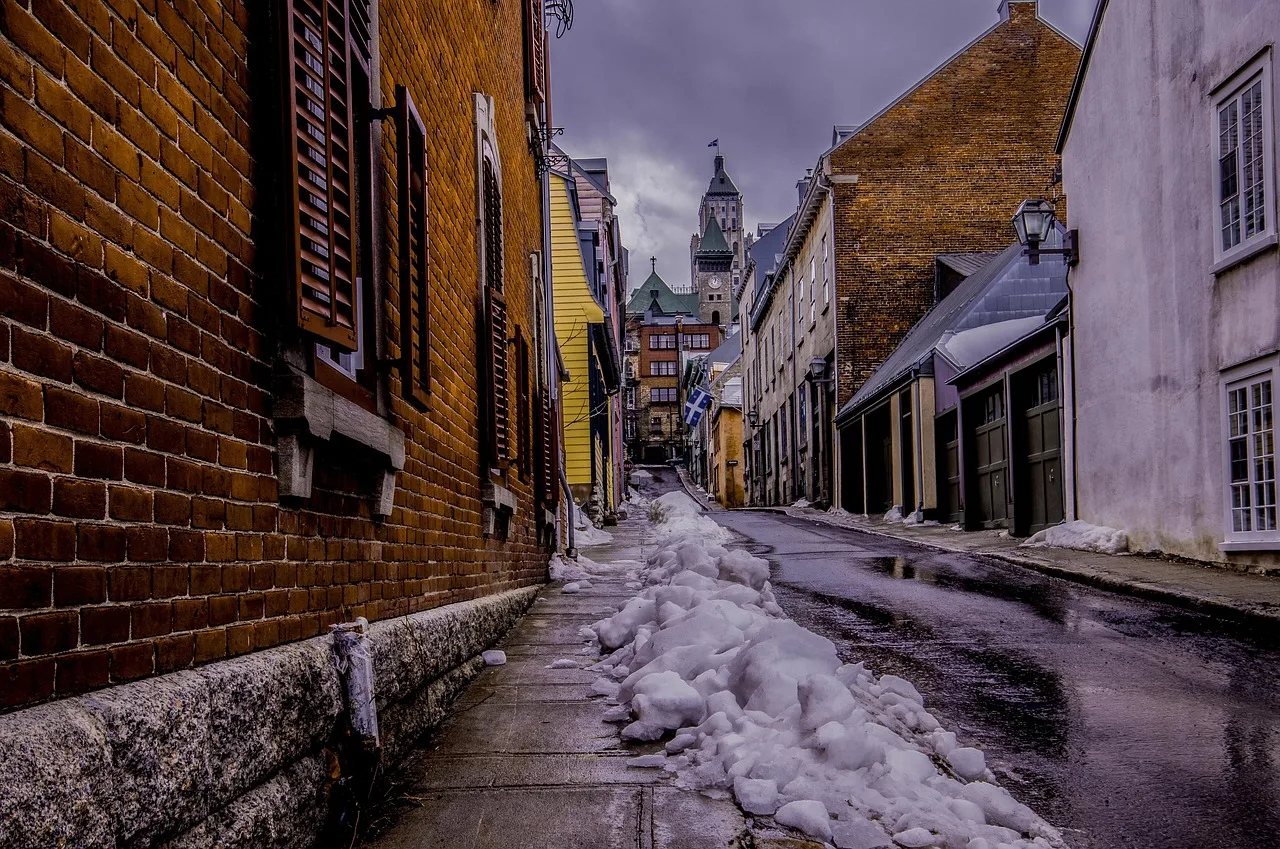 city, alley, quebec, brick, street, nature, wall, pierre, cobblestone, architecture, old village, old houses, old, houses, antique, colored, colors, building, area, cold, snow, white, winter, only, flake, landscapes, winter landscape, ice, freeze, gel, sky, road, canada. Quebec City vs Victoria Car-Free Winter Walks
