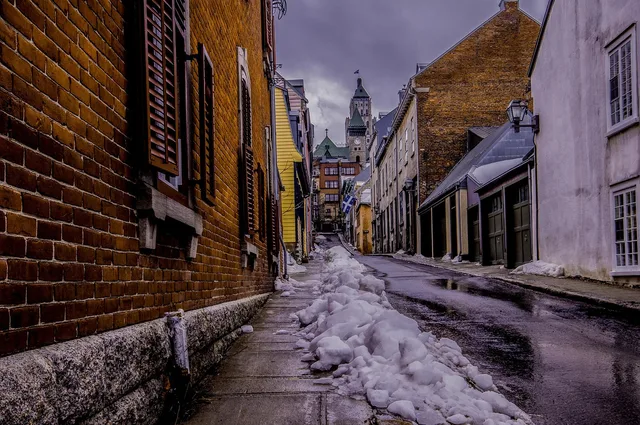 city, alley, quebec, brick, street, nature, wall, pierre, cobblestone, architecture, old village, old houses, old, houses, antique, colored, colors, building, area, cold, snow, white, winter, only, flake, landscapes, winter landscape, ice, freeze, gel, sky, road, canada. Quebec City vs Victoria Car-Free Winter Walks