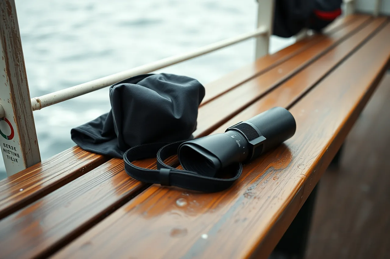Ferry deck photography kit with cloths, lens hood, strap, battery and dry bag (What to carry on deck for a US ferry crossing, and why)