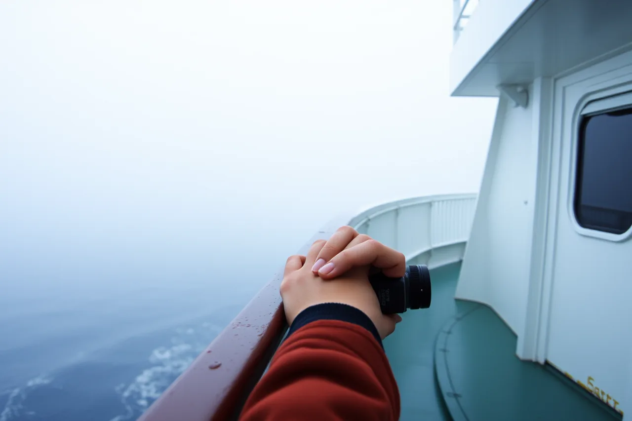 Ferry bow rail fading into dense fog with no visible horizon (What to carry on deck for a US ferry crossing, and why)