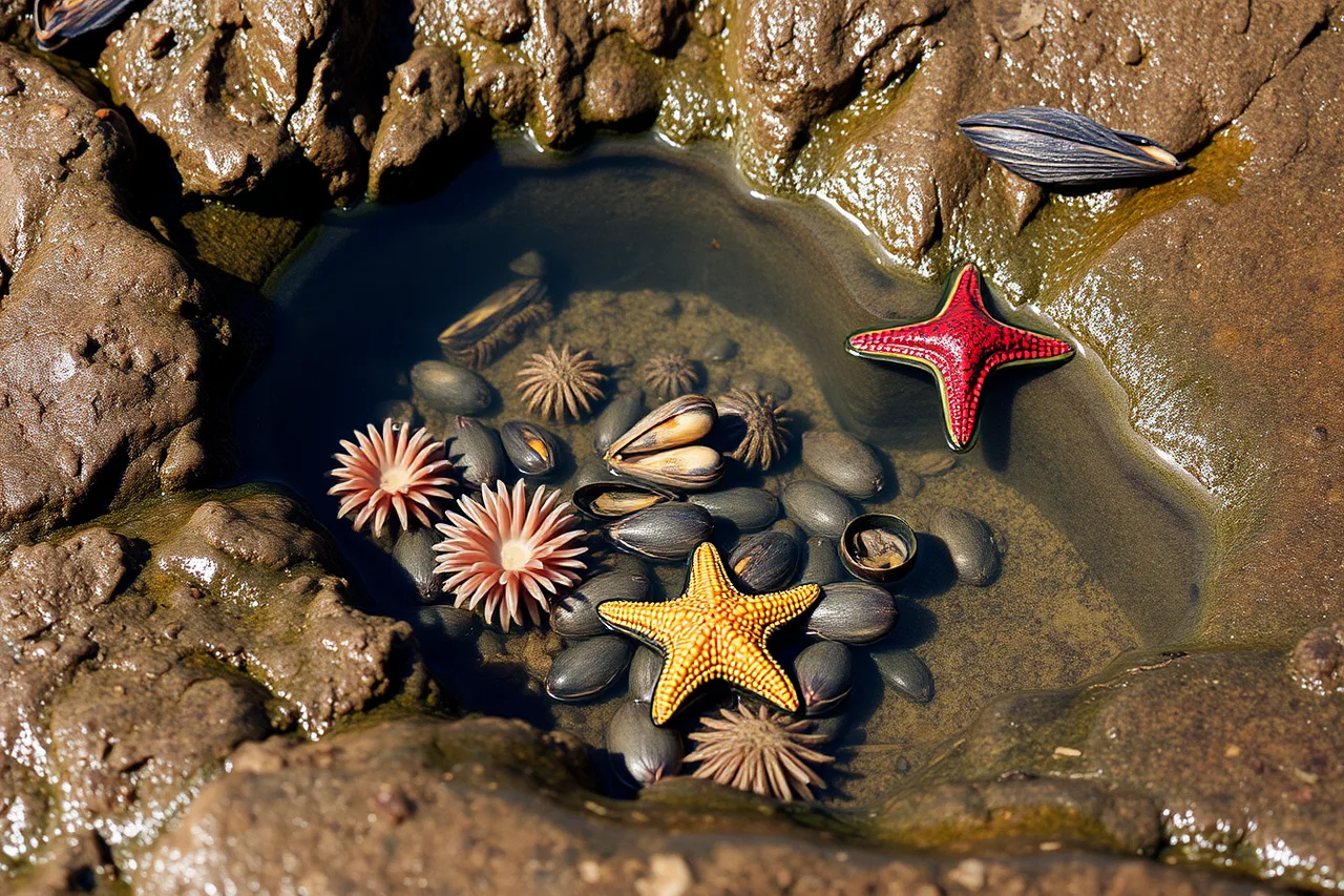 Shallow rocky tide pool at low water with anemones, barnacles and a sea star (Building a two-day island trip around the tide, not the clock)