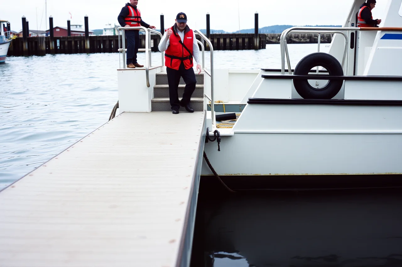Floating gangway sloping down to a small tour boat at low tide (5 things to weigh up on accessible boat tours)