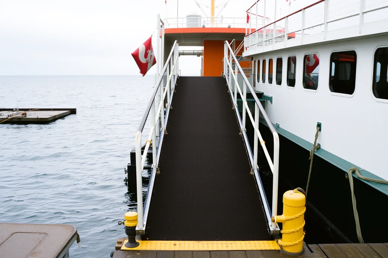 Steep ferry gangway sloping down from floating dock at low tide (4 details of accessible ferry travel people miss)