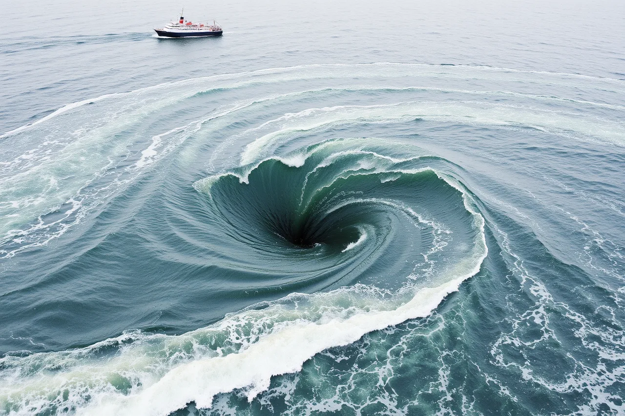 Aerial view of the Old Sow whirlpool with swirling turbulent water and a distant ferry (Natural features worth routing a longer ferry trip around)