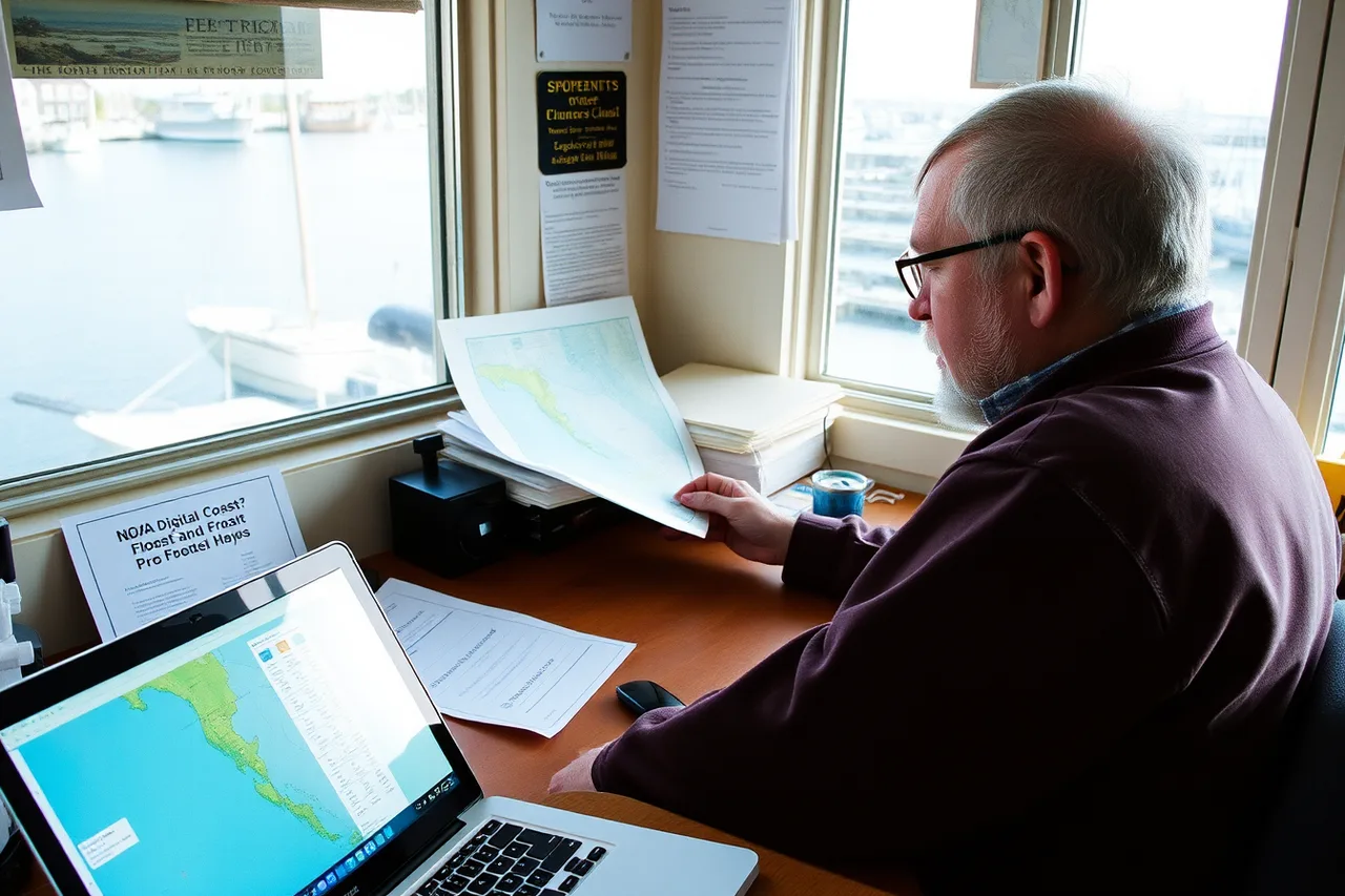 Business owner reviewing NOAA Digital Coast shoreline projection maps (How coastal businesses can help visitors plan a better trip)