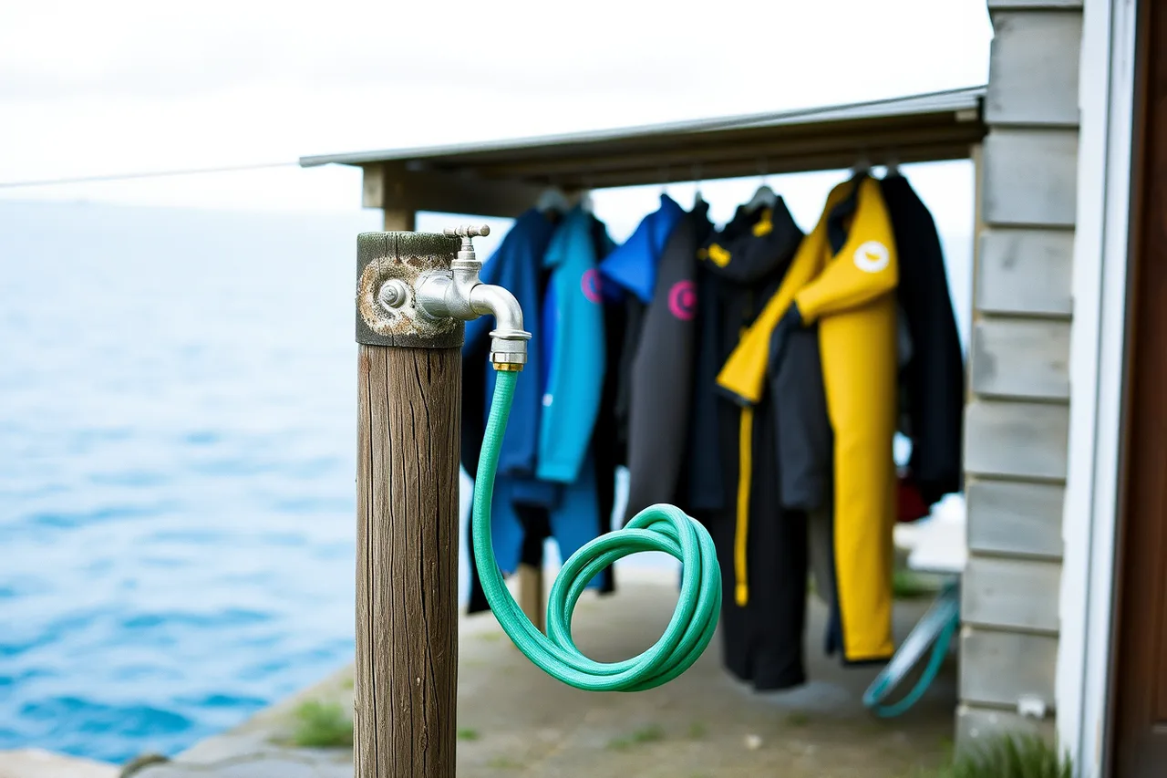 Outdoor rinse tap with hose and sheltered drying line at a coastal guesthouse (Coastal businesses can do more for gear-dependent travelers than they think)