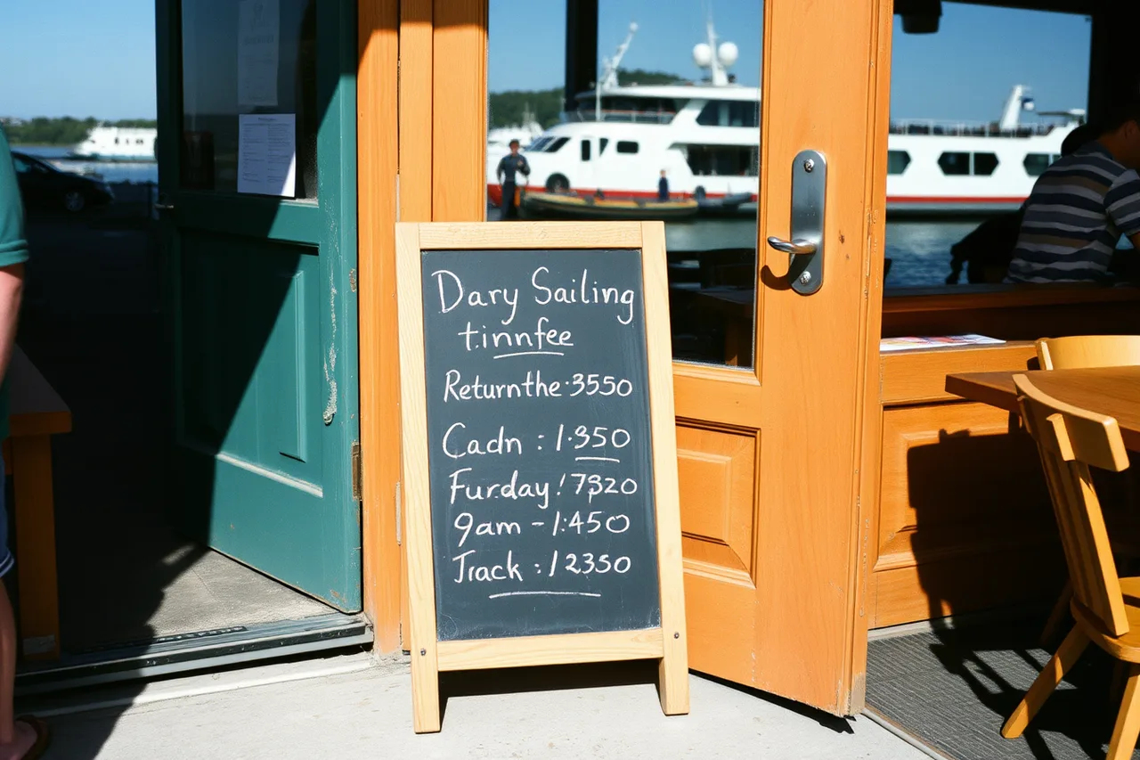 Chalkboard by a cafe door listing the day's last ferry sailing (How island businesses can make day trips work better: the short version)