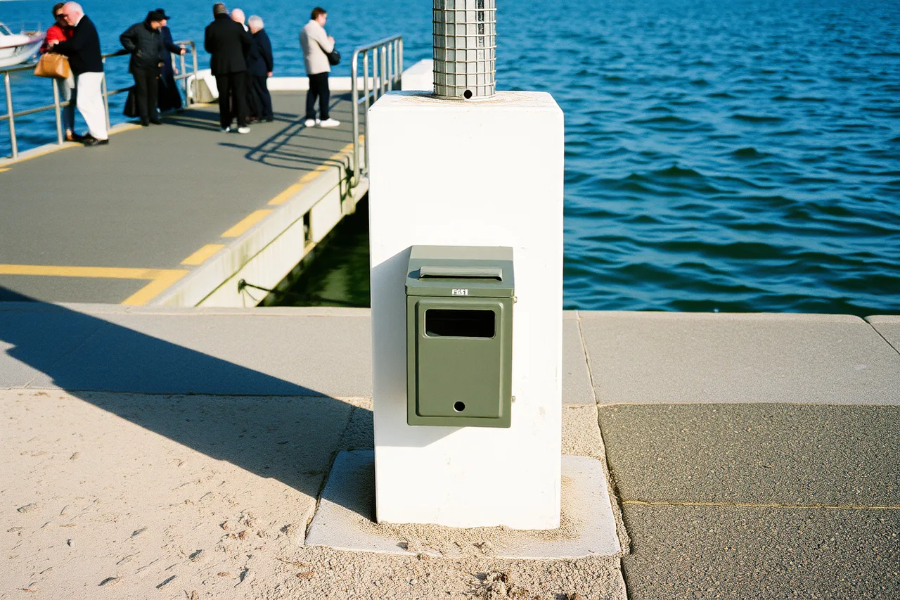 Cigarette butt bin mounted beside a ferry landing queue ramp (How island businesses can make day trips work better: the short version)