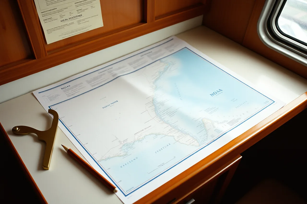Printed NOAA nautical chart on a chart table showing depths, hazards and navigation aids (How to compare routes using charts and zone forecasts)
