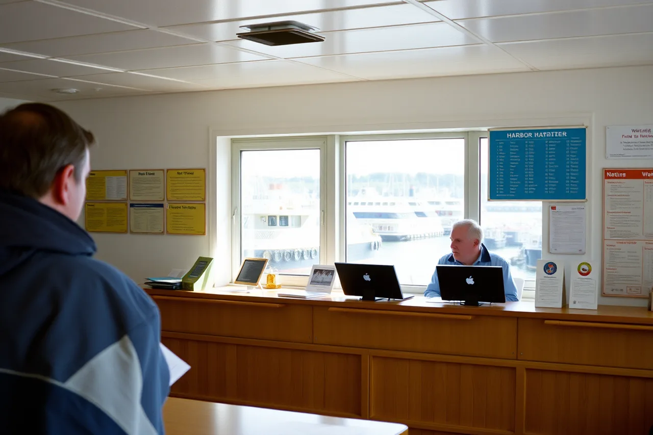 Harbour master's desk with staff advising a visitor, ferries visible outside (Finding a ferry route guide who actually knows the water)