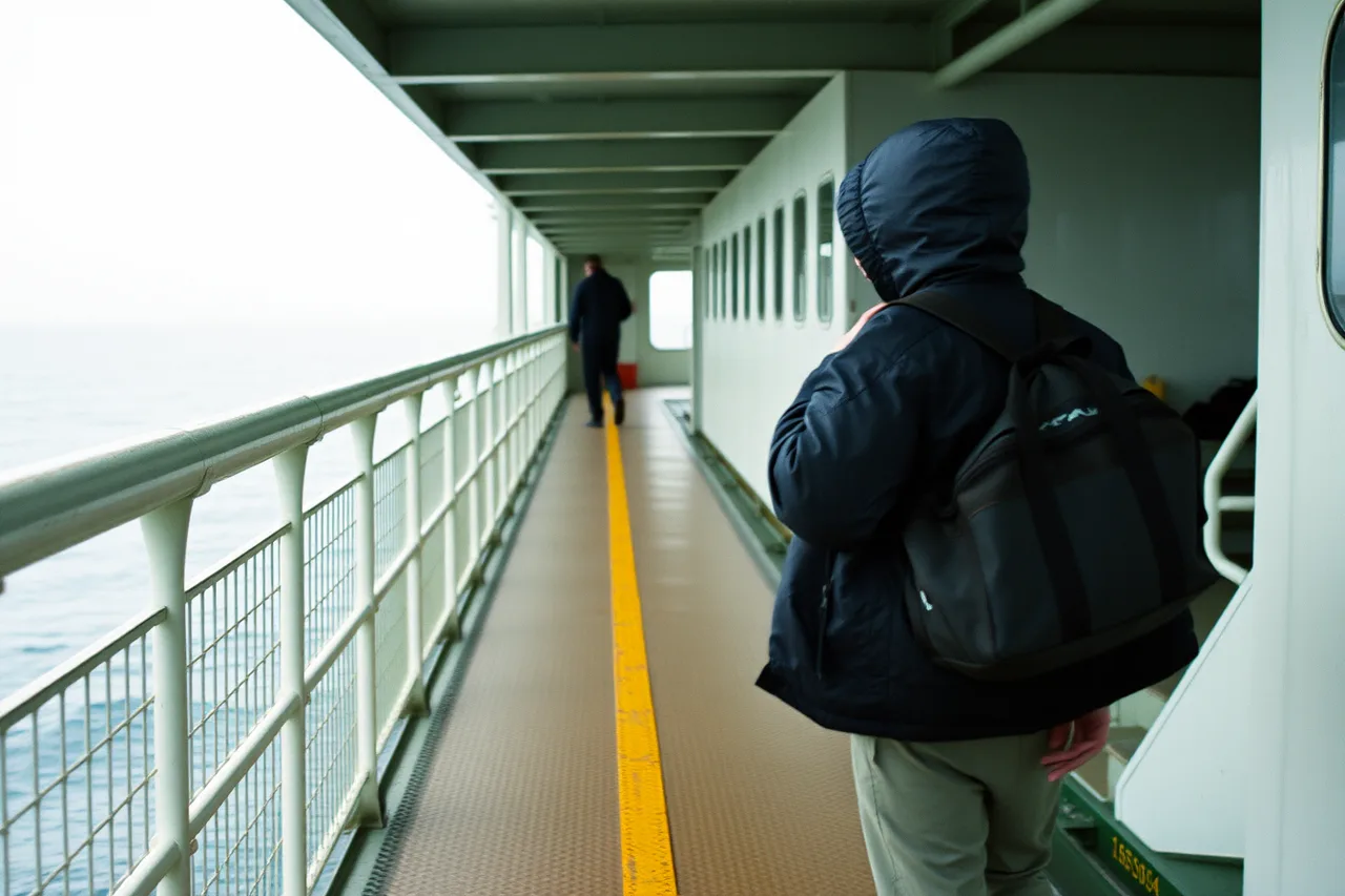 Foot passenger carrying one bag while holding a wet ferry gangway rail (Walk-on ferry routes packing list: names, dates and context as of 2027)