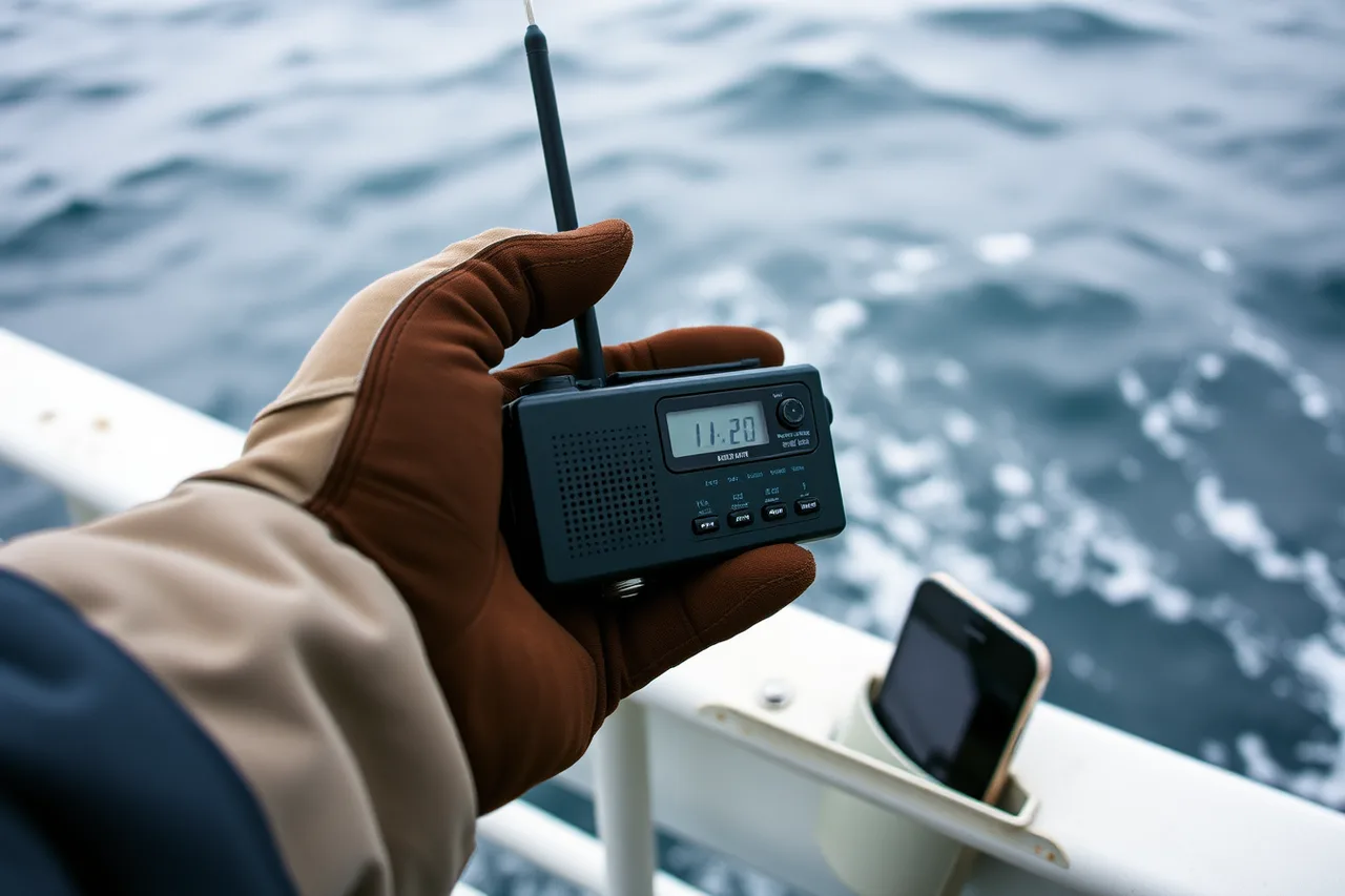 Small battery weather radio held on an exposed windy ferry deck (Walk-on ferry routes packing list: names, dates and context as of 2027)
