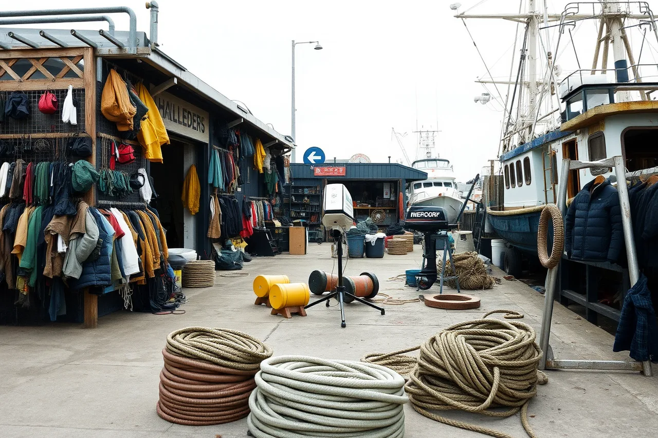Working harbor quay with chandlery, drying gear and outboard repair shop (Where to stay when your ferry trip depends on gear: a practical read)
